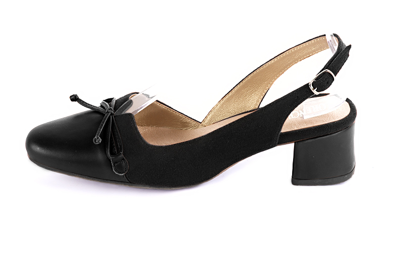 Satin black women's open back shoes, with a knot. Round toe. Low flare heels. Profile view - Florence KOOIJMAN